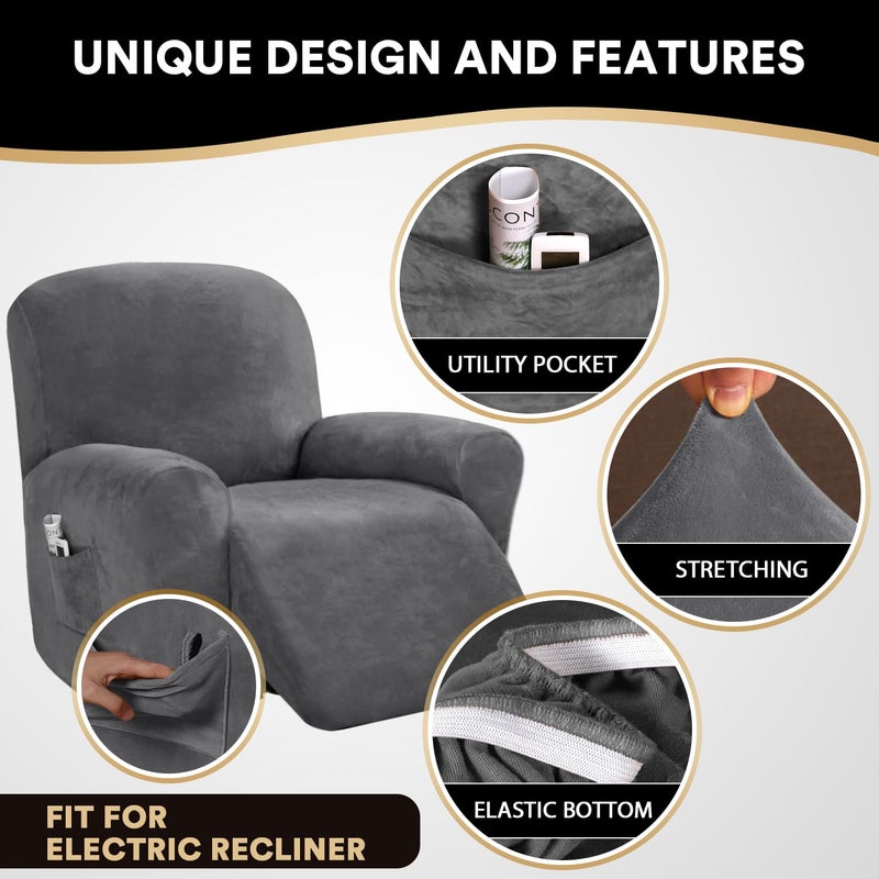 PrinceDeco Velvet Recliner Couch Covers - 4-Piece Set, Non-Slip, Thick & Soft, Grey - Image 4